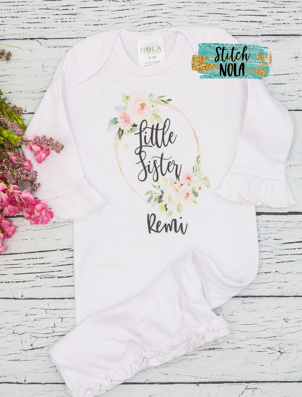 Personalized Little Sister Floral Wreath Printed Shirt