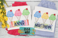 Personalized Ice Cream Cone Sketch Trio with Fabric Name Box Appliqué Shirt
