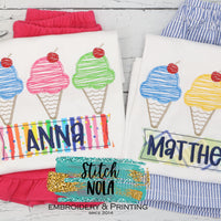 Personalized Ice Cream Cone Sketch Trio with Fabric Name Box Appliqué Shirt