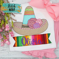 Personalized Floral Sombrero Sketch with Fabric Name Box Appliqué Shirt