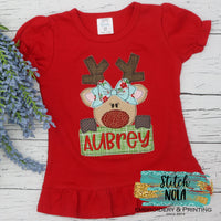Personalized Christmas Reindeer Appliqué with Name Box on Colored Garment
