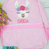 Personalized Seersucker Backpack with Floral Llama Alpha Applique, Seersucker Diaper Bag, Seersucker School Bag, Seersucker Bag, Diaper Bag