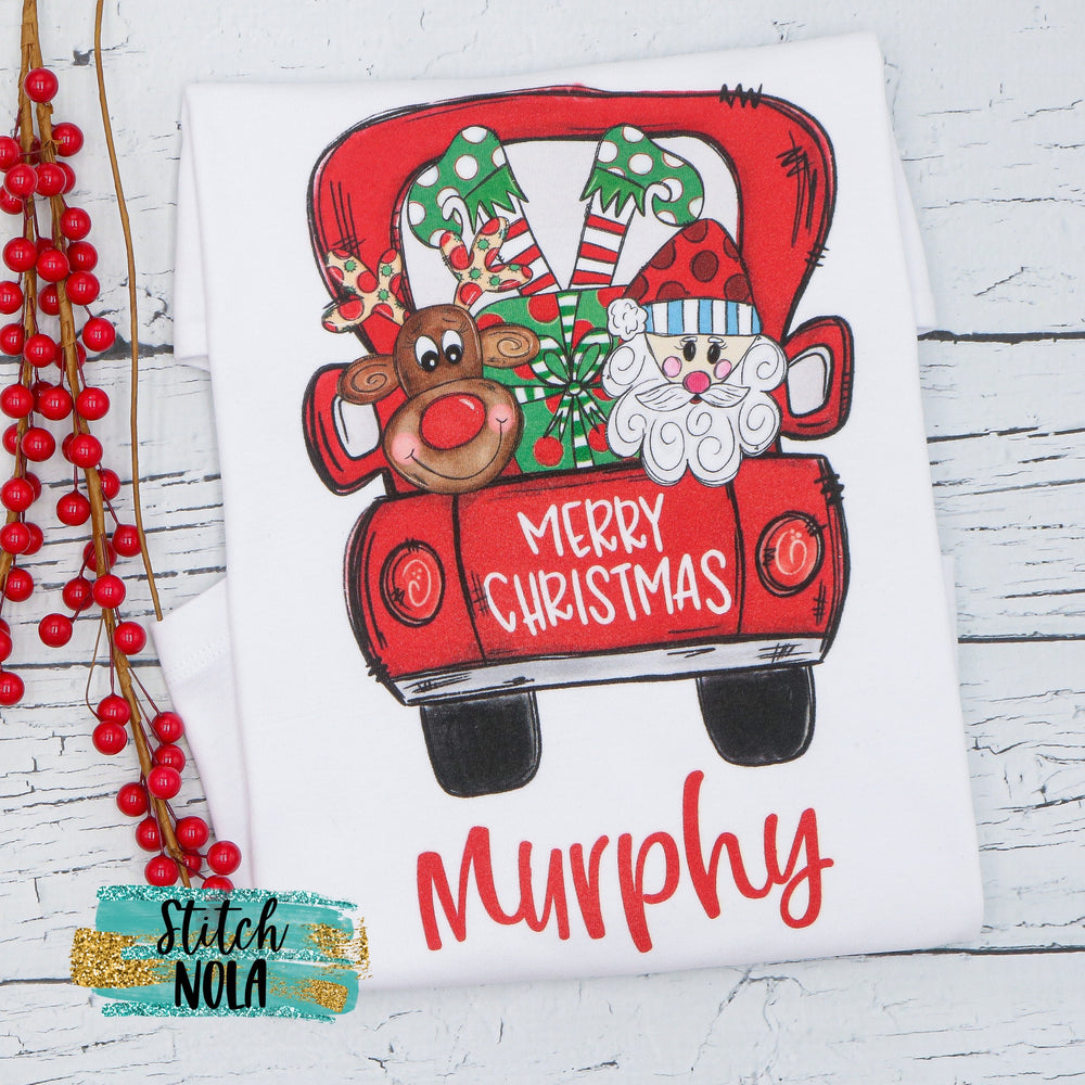 Personalized Christmas Truck with Santa, Elf and Reindeer Printed Shirt