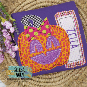 Personalized Girly Jack-o-lantern Applique on Colored Garment