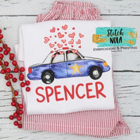 Personalized Valentine Police Car With Hearts Printed Shirt
