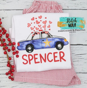 Personalized Valentine Police Car With Hearts Printed Shirt