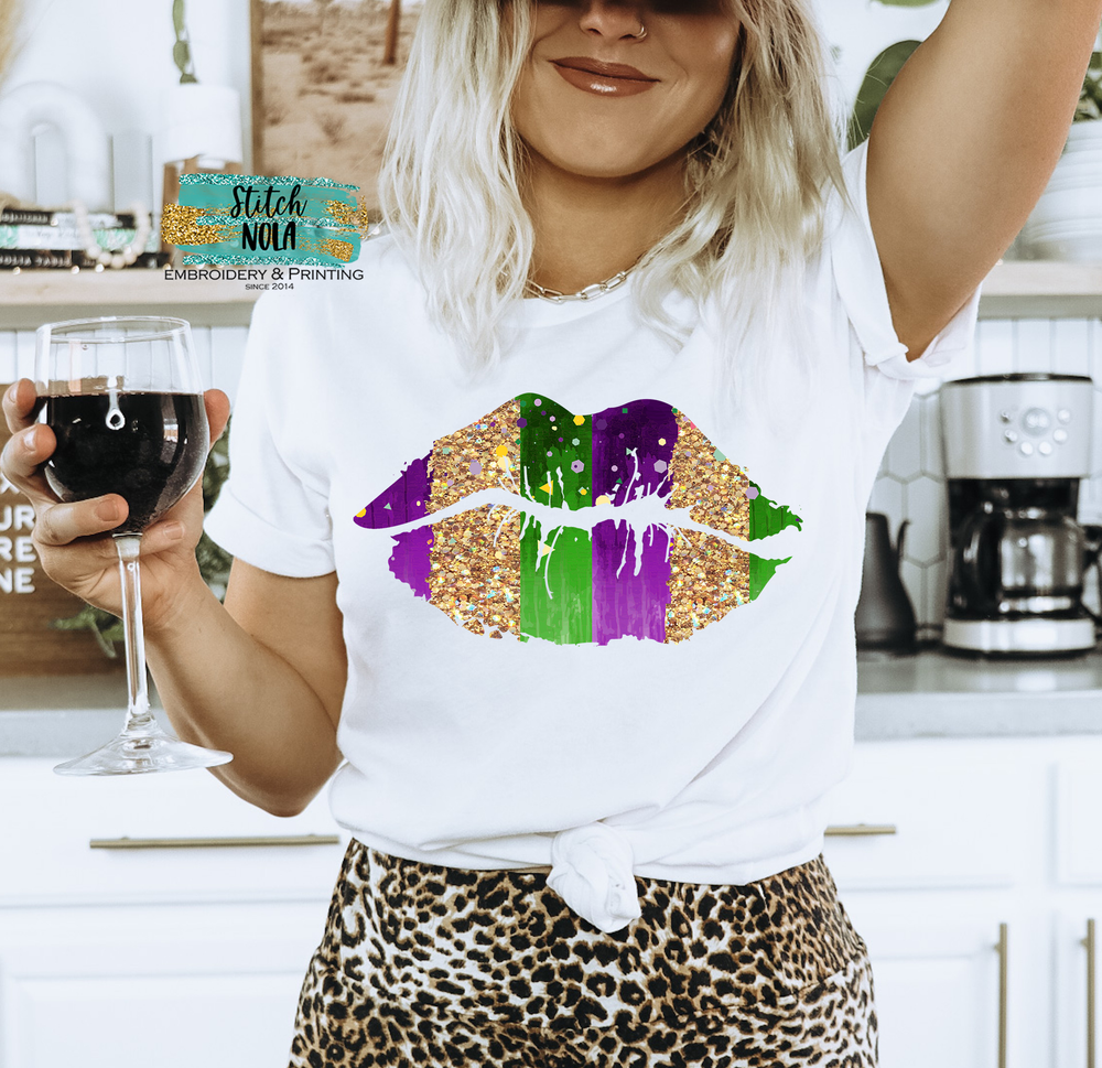 Adult Mardi Gras Kisses Lips with Faux Glitter Printed Tee