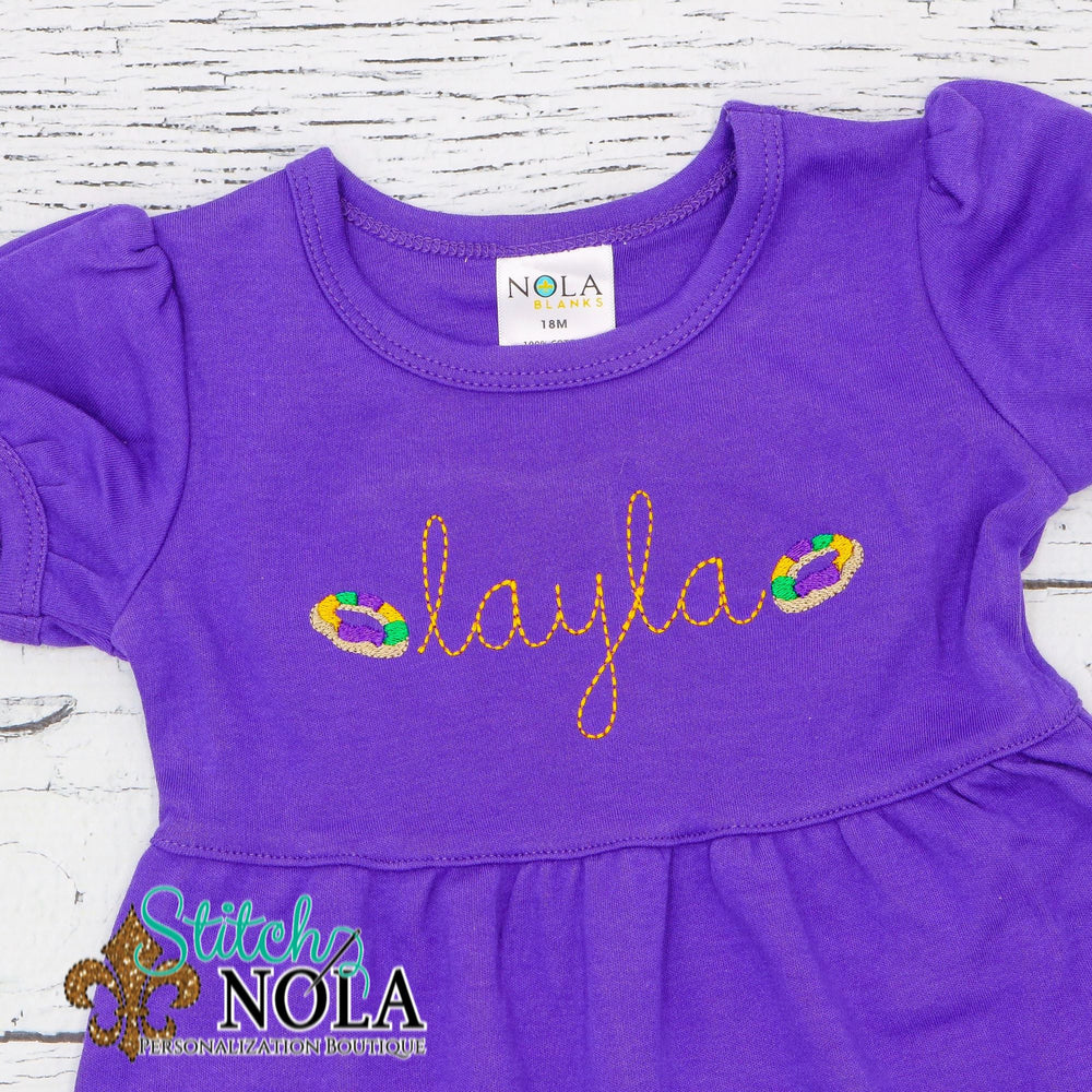 Personalized Mardi Gras Dress with King Cakes Sketch on Colored Garment