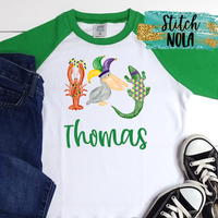 Personalized Mardi Gras Animal Trio Gator, Pelican and Crawfish Printed Shirt