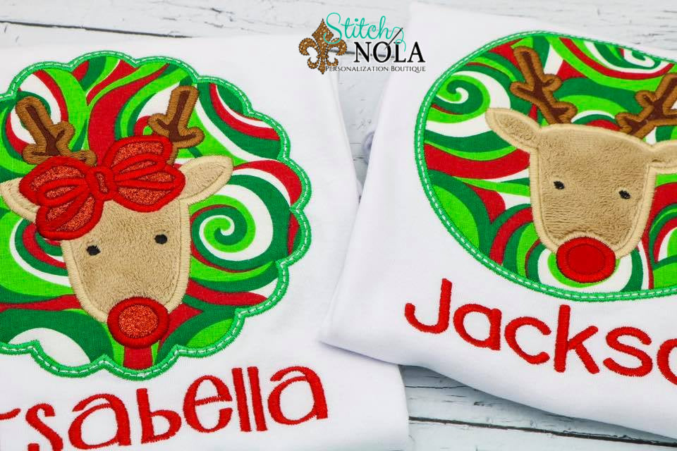 Personalized Christmas Reindeer Circle Applique Shirt