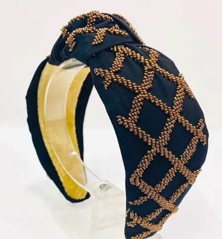 Black and Gold Beaded Top Knot Headband