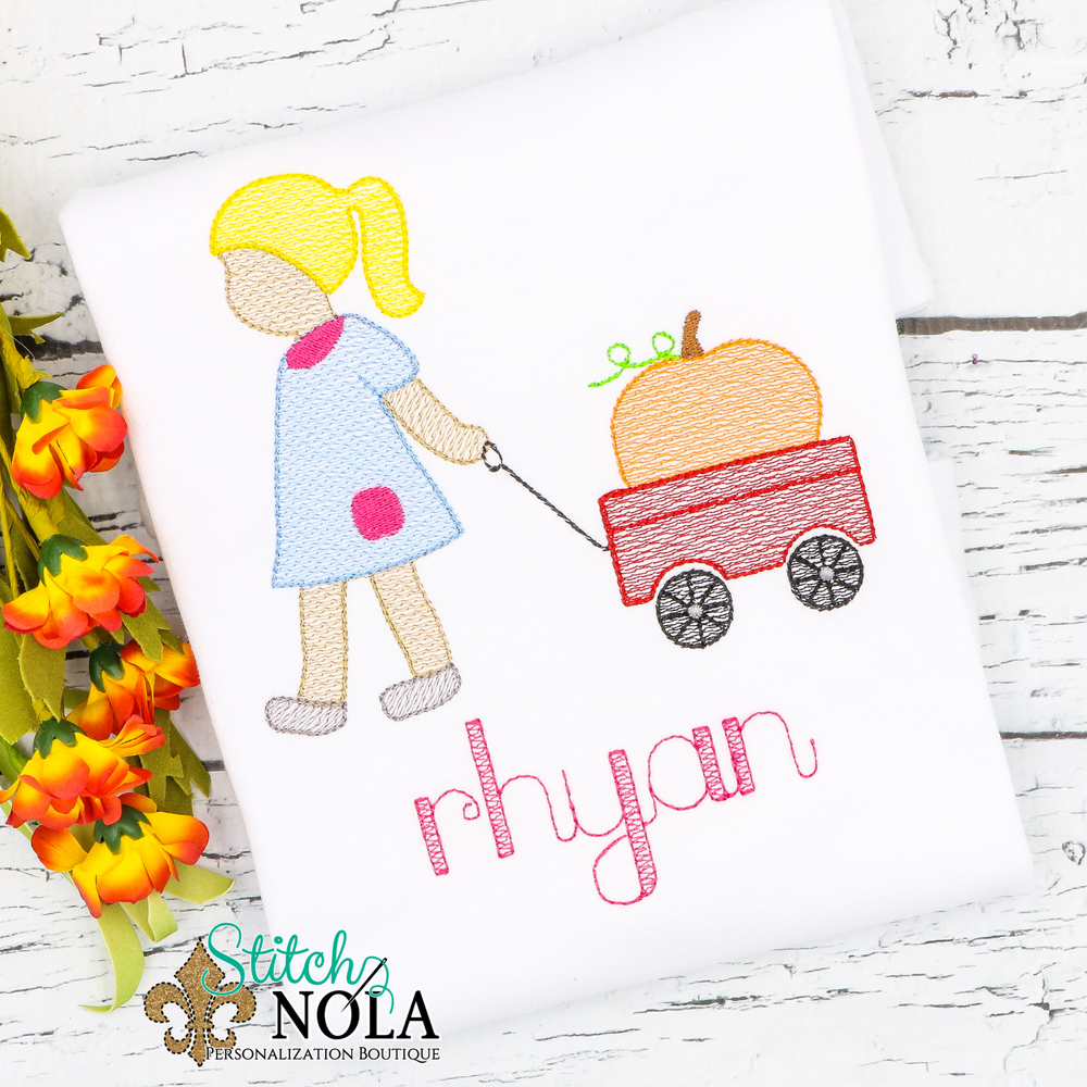 Personalized Child Pulling Pumpkin in Wagon Sketch Shirt
