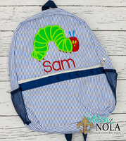 Personalized Seersucker Backpack with Caterpillar Applique, Seersucker Diaper Bag, Seersucker School Bag, Seersucker Bag, Diaper Bag, School Bag, Book
