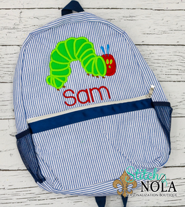 Personalized Seersucker Backpack with Caterpillar Applique, Seersucker Diaper Bag, Seersucker School Bag, Seersucker Bag, Diaper Bag, School Bag, Book