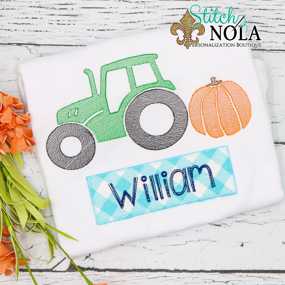 Personalized Fall Tractor With Pumpkin Sketch Shirt