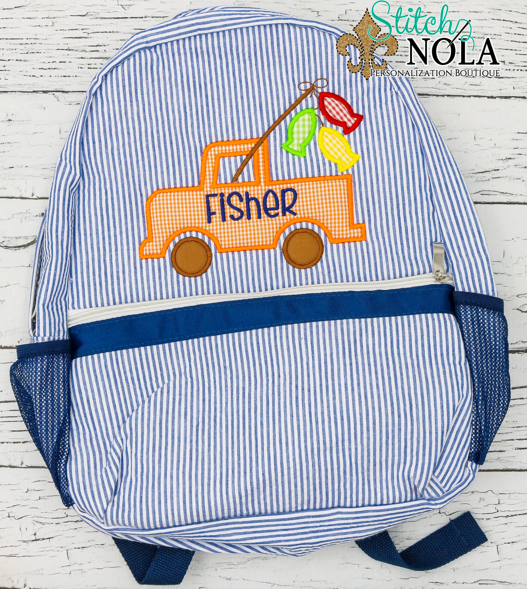 Personalized Seersucker Backpack with Fishing Truck Applique
