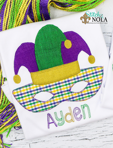 Personalized Mardi Gras Mask with Jester Hat Applique Shirt