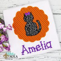 Personalized Halloween Cat on Scallop Circle Appliqué Shirt
