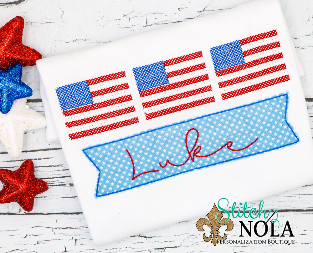Personalized American Flag Trio With Banner Applique Shirt
