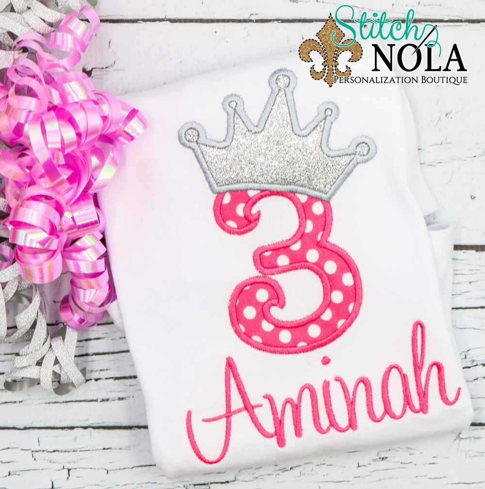 Personalized Birthday Queen with Silver Crown Appliqué Shirt