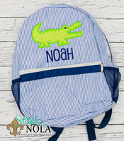 Personalized Seersucker Backpack with Alligator Applique, Seersucker Diaper Bag, Seersucker School Bag, Seersucker Bag, Diaper Bag, School Bag, Book
