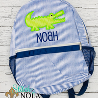 Personalized Seersucker Backpack with Alligator Applique, Seersucker Diaper Bag, Seersucker School Bag, Seersucker Bag, Diaper Bag, School Bag, Book