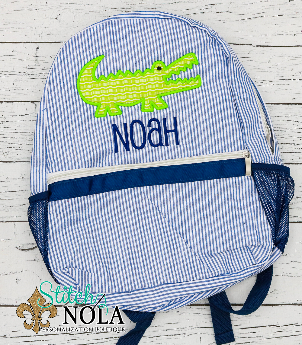 Personalized Seersucker Backpack with Alligator Applique, Seersucker Diaper Bag, Seersucker School Bag, Seersucker Bag, Diaper Bag, School Bag, Book