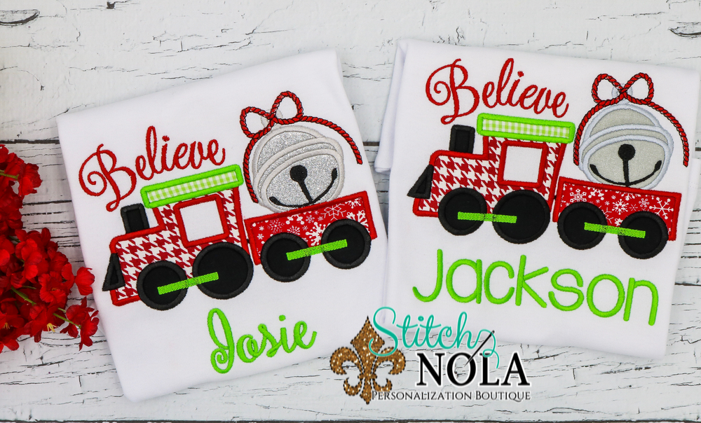 Personalized Christmas Believe Train with Bell Applique Shirt