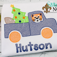 Personalized Christmas Truck with Navy and Orange Tiger Sketch Shirt