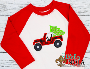 Personalized Christmas Buffalo Plaid Jeep with Tree Applique Shirt