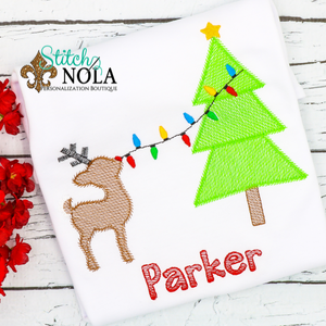 Personalized Christmas Tree with Reindeer & Lights Sketch Shirt