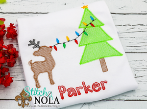 Personalized Christmas Tree with Reindeer & Lights Sketch Shirt