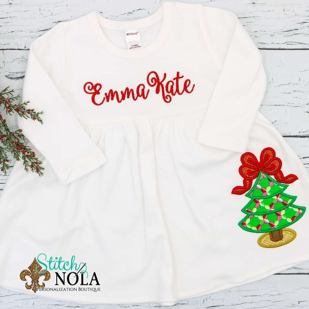 Personalized Christmas Dress with Tree Applique
