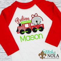 Personalized Christmas Believe Train with Bell Applique Shirt
